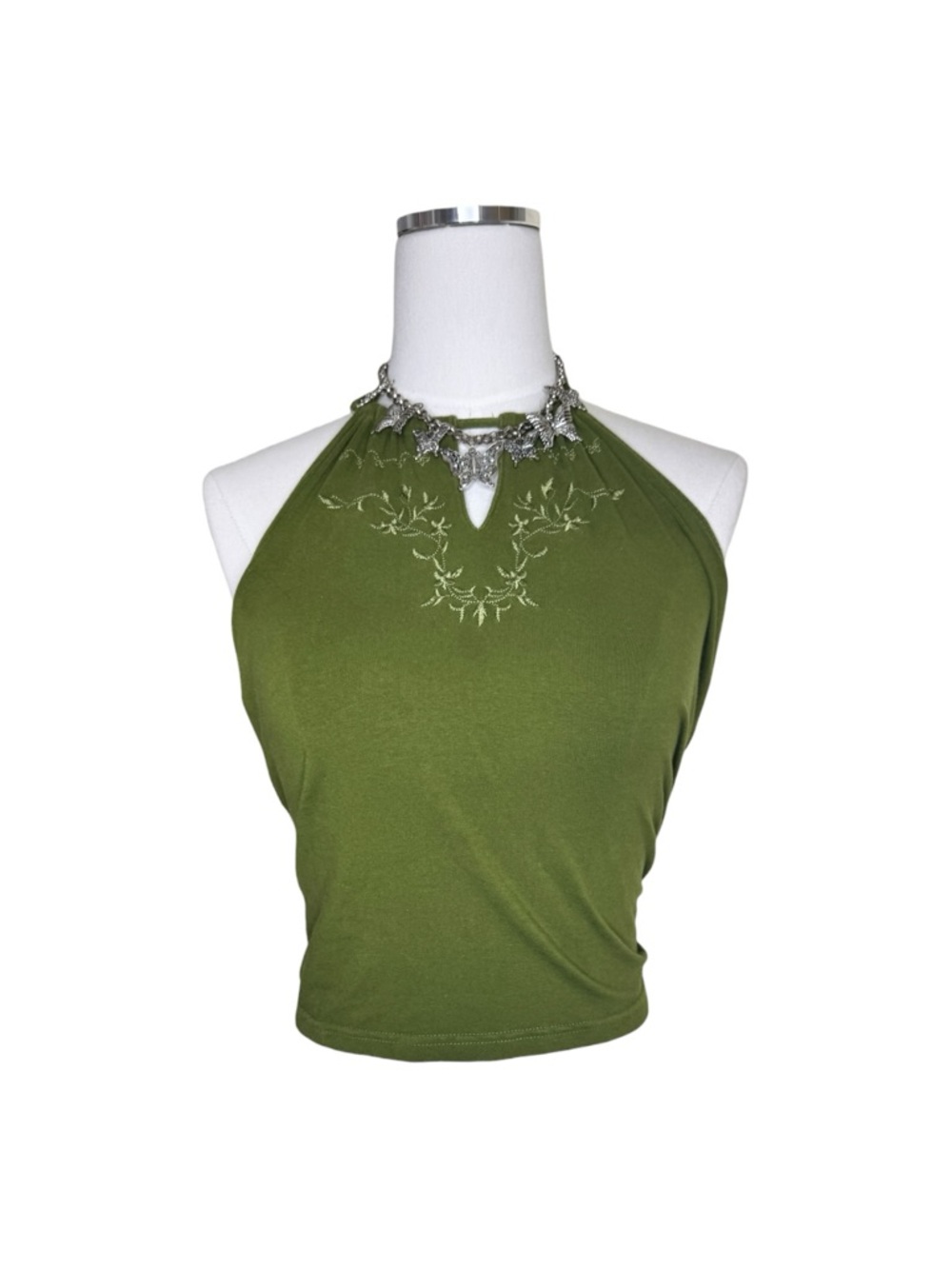 Y2K Arizona Olive Green Halter Tank Top with Embroidered Neckline Size Large